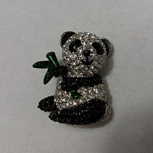 Black clear rhinestone panda brooch silver tone